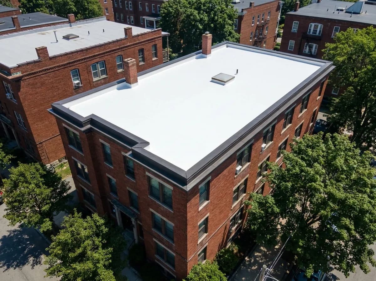 Aerial view of an early-1900s brick apartment building with a new white membrane roof behind its parapet