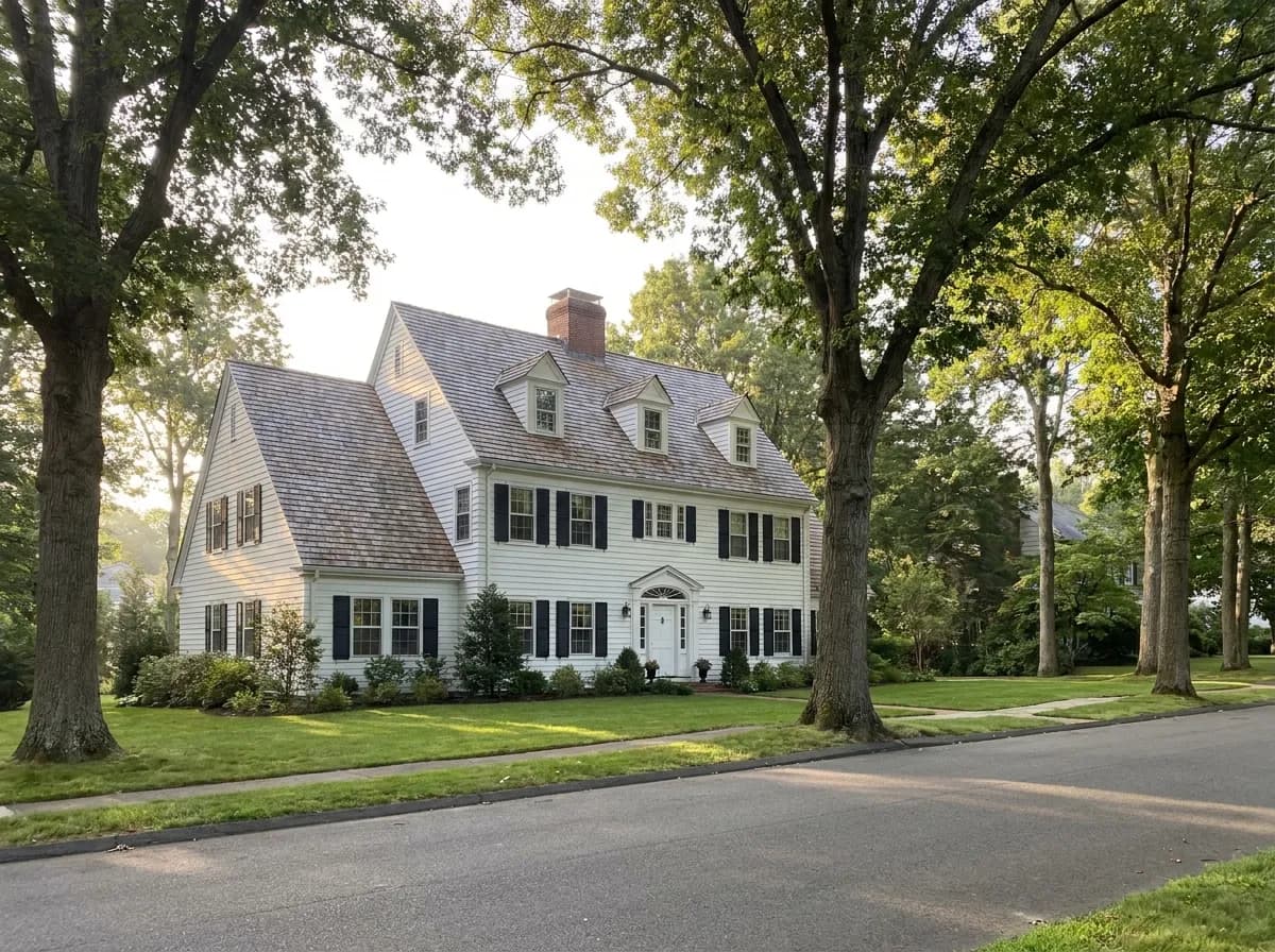 White Colonial Revival house with dormers and a center chimney on a wide street lined with large old trees