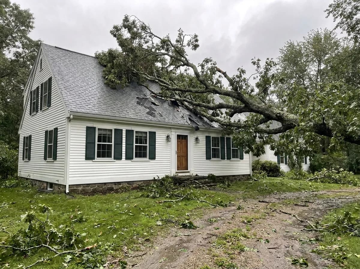Large oak limb lying across the torn shingle roof of a white Cape-style house after a storm