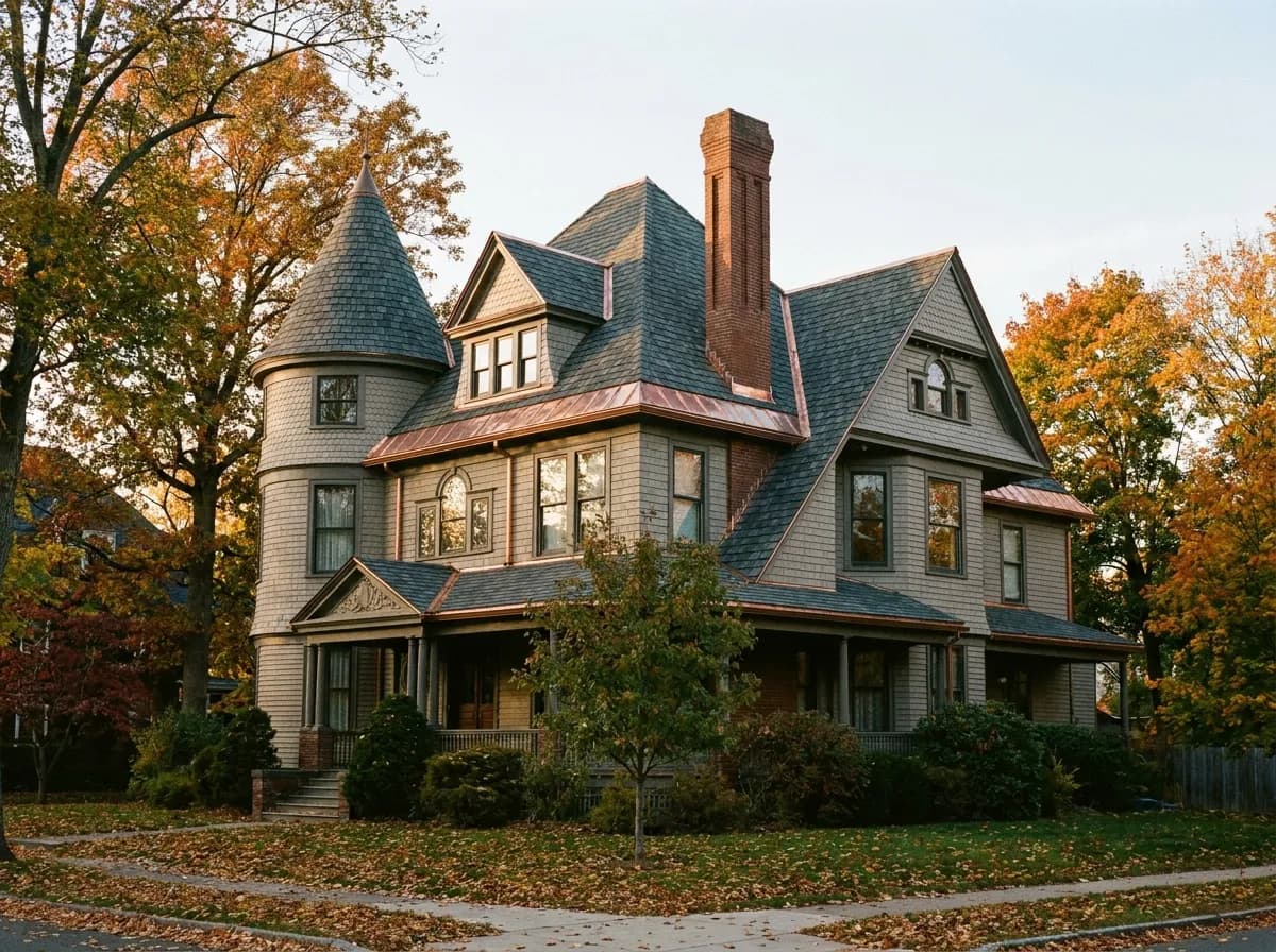 Queen Anne Victorian house with a turret, dormers and tall brick chimney under a new dark shingle roof with copper flashing