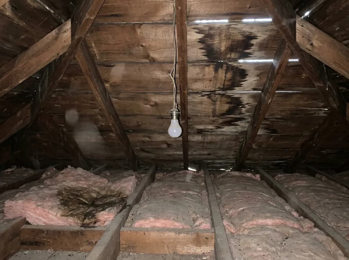 Unfinished attic with dark water stains on the old board roof decking, daylight at the ridge and a damp patch of insulation