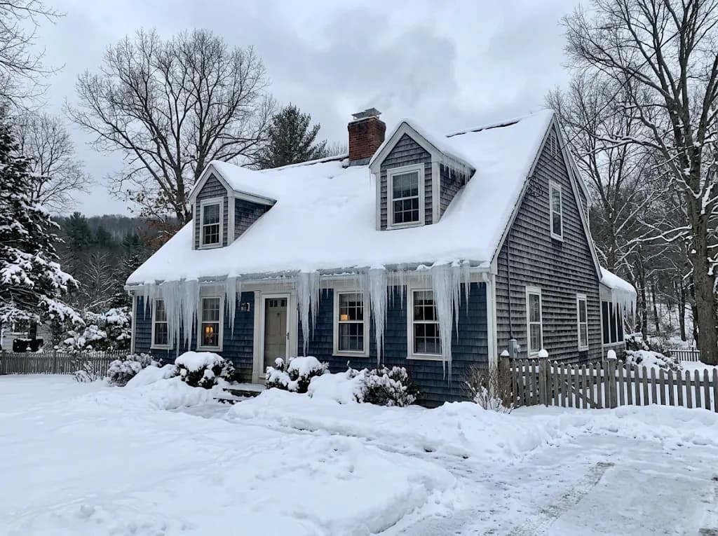 Snow-covered Cape-style house with dormers, thick ice along the eaves and long icicles